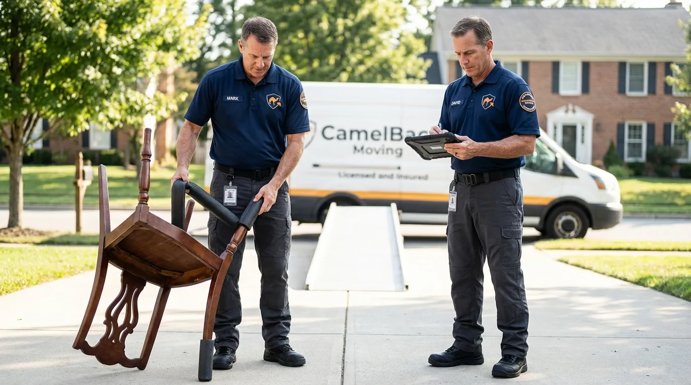 Movers inspecting furniture for damage prevention before loading in Albion, PA
