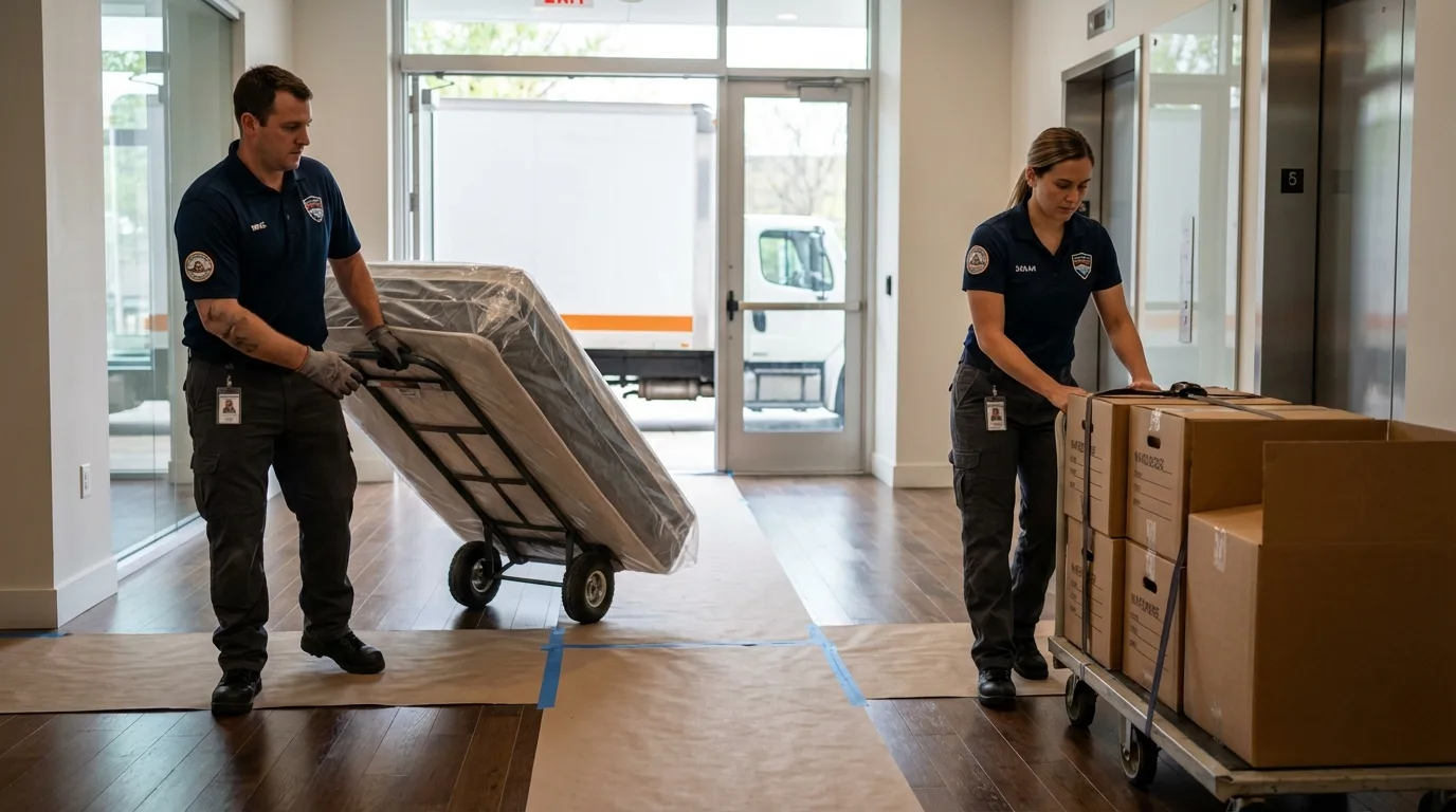 Professional apartment movers loading elevator in Albion, PA